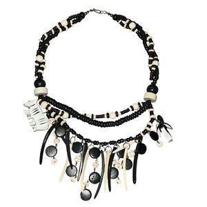 Vintage Tribal Wood Bead Statement Necklace Black White Carved Elephant